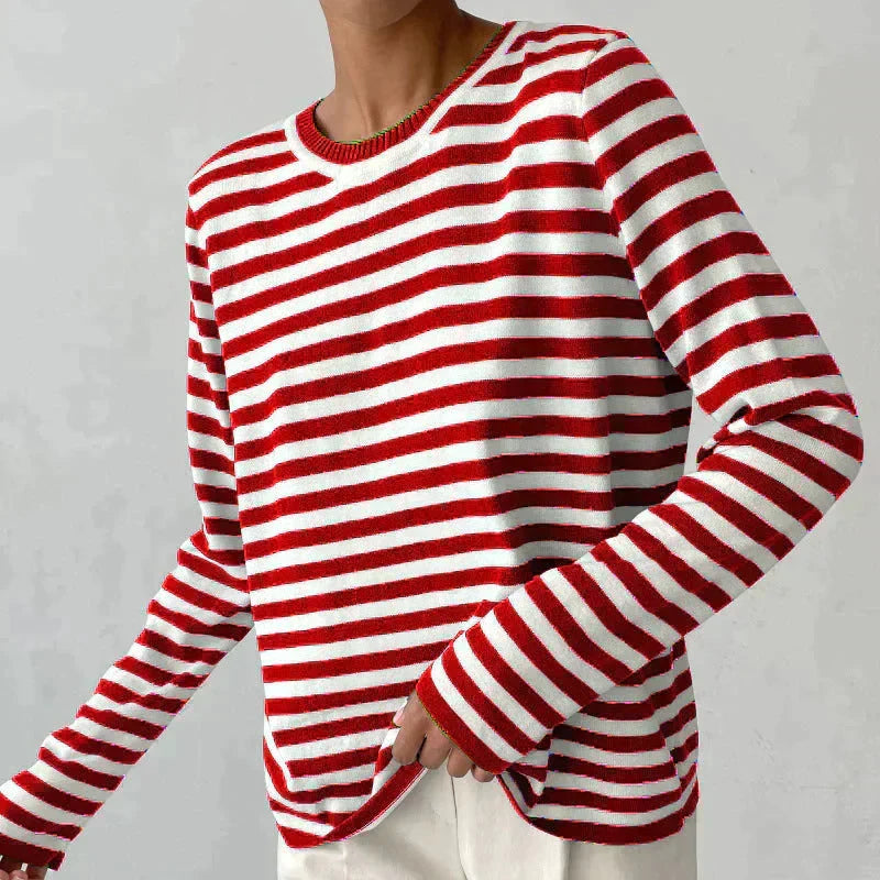 W&W Mode | T Shirt Gestreifter Rundhalsausschnitt für Frauen Loose Fit Hemd