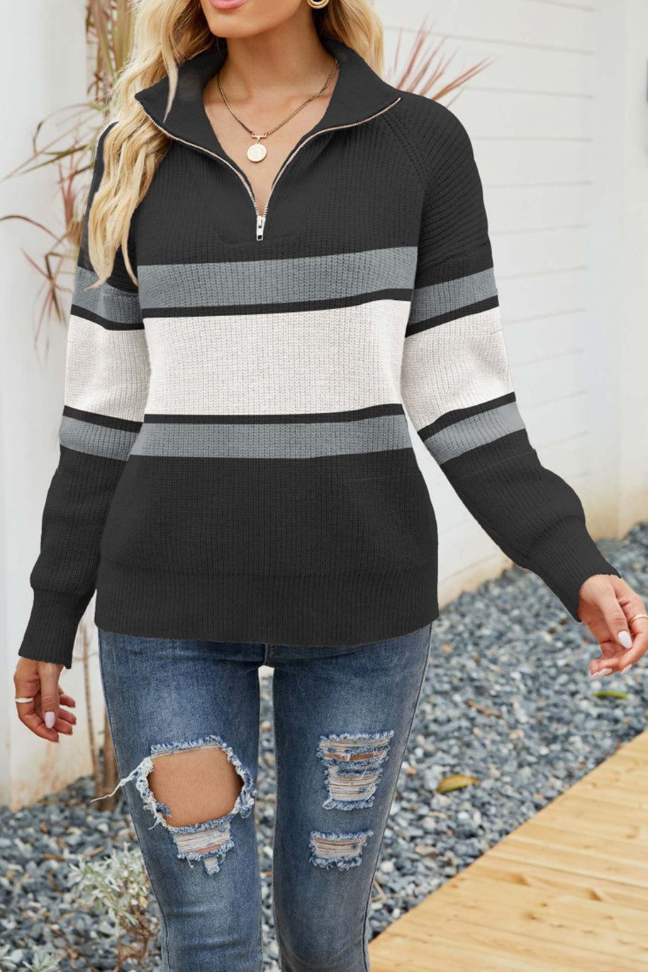 WW | Zipper-Kragen-Pullover Für Mühelose Modernen Touch Für Frauen