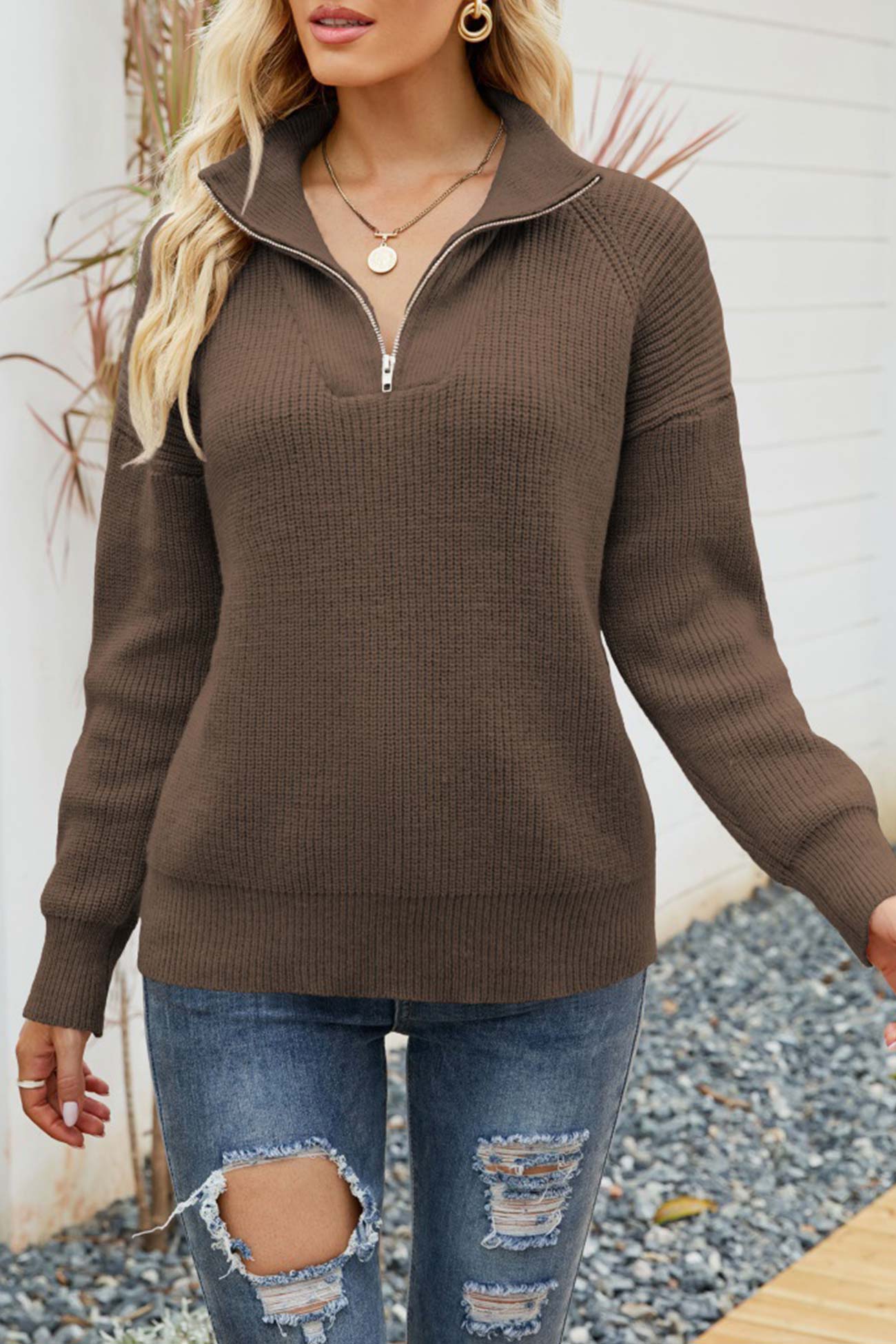 WW | Zipper-Kragen-Pullover Für Mühelose Modernen Touch Für Frauen