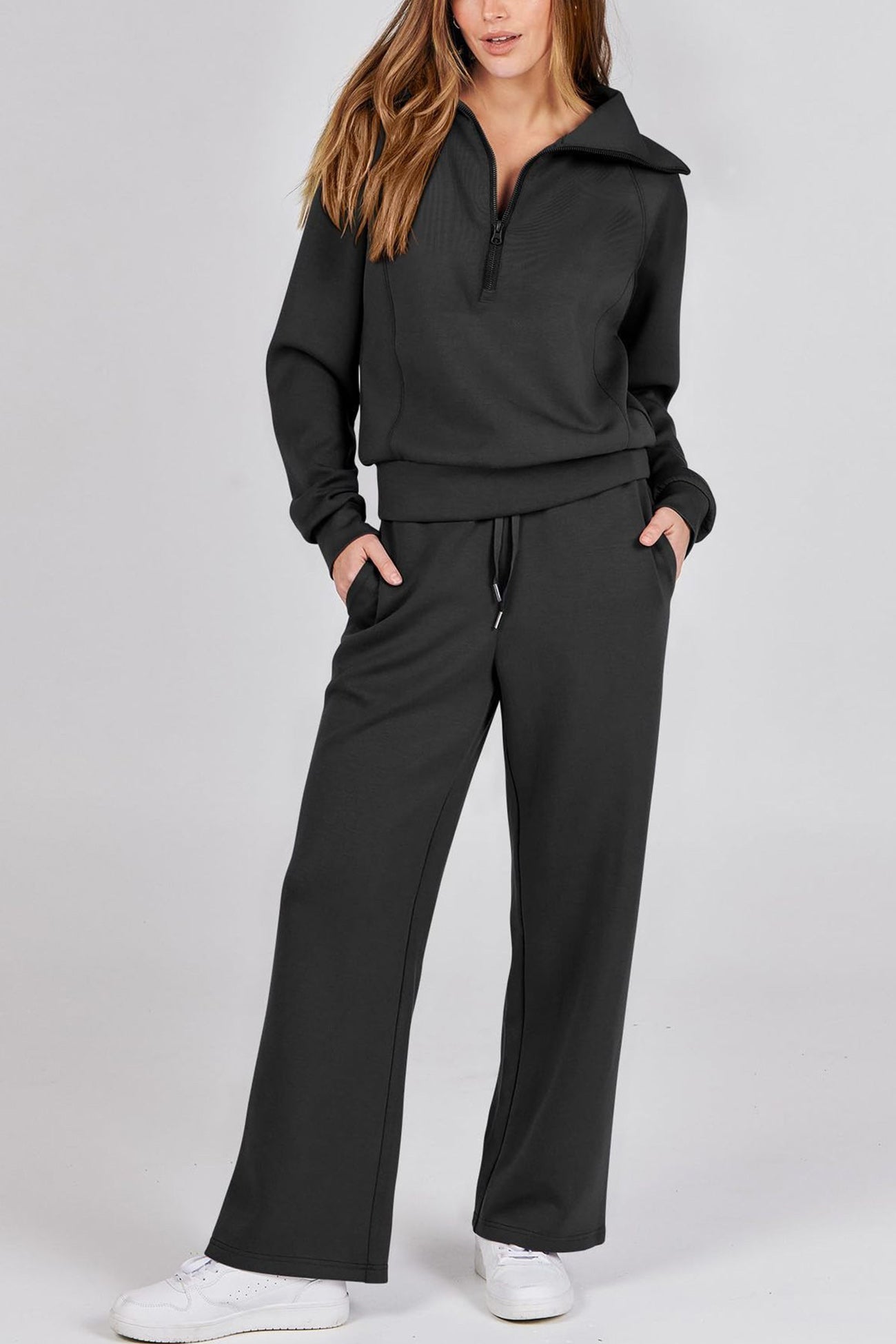 WW | Langes Hosen-Set mit weitem Bein und Revers-Reißverschluss-Sweatshirt