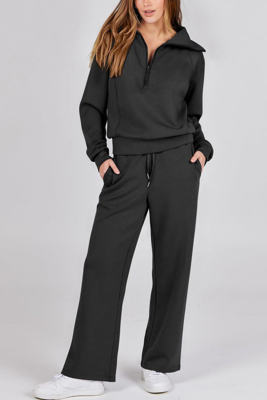 WW | Langes Hosen-Set mit weitem Bein und Revers-Reißverschluss-Sweatshirt