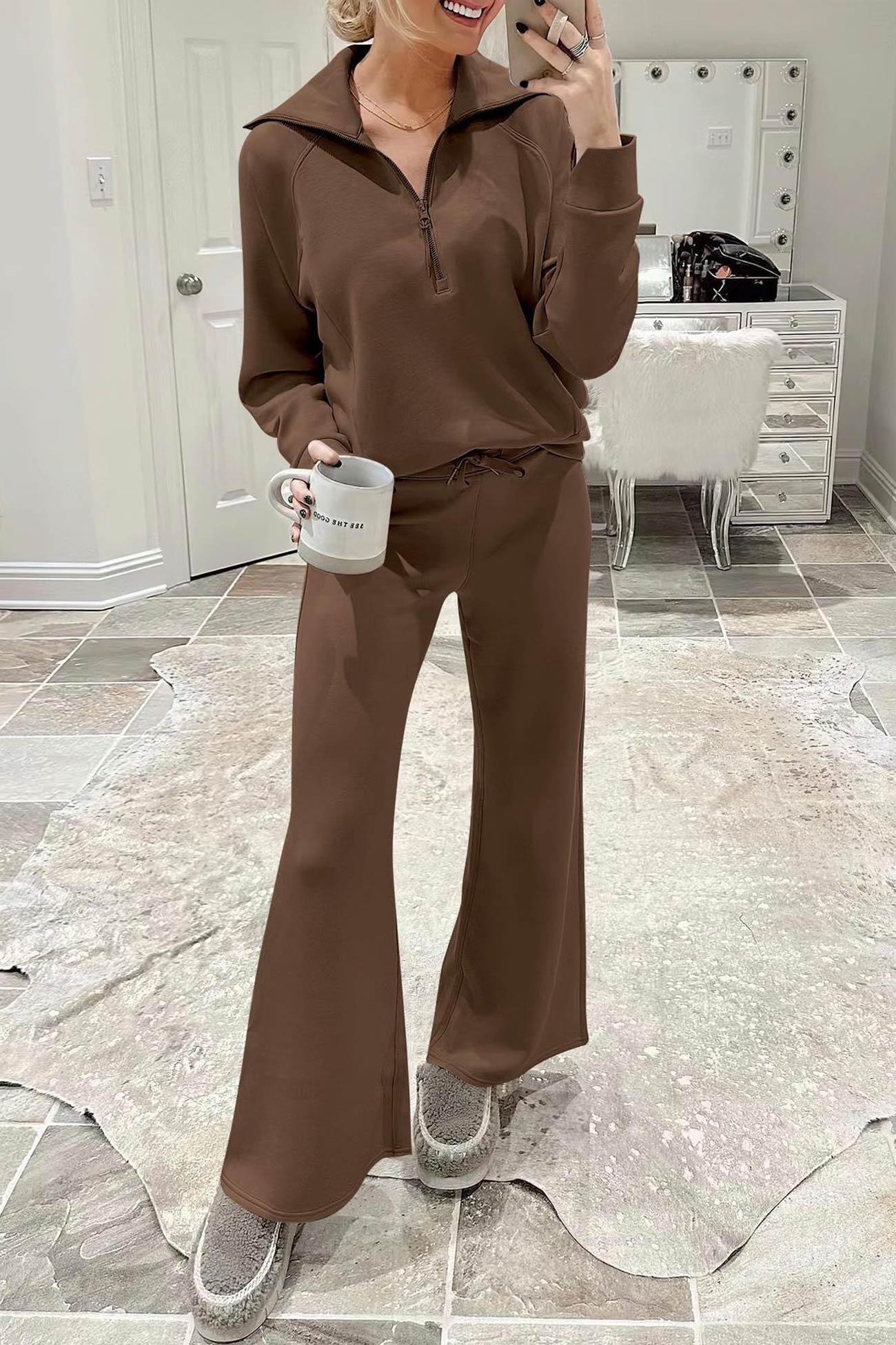 WW | Langes Hosen-Set mit weitem Bein und Revers-Reißverschluss-Sweatshirt