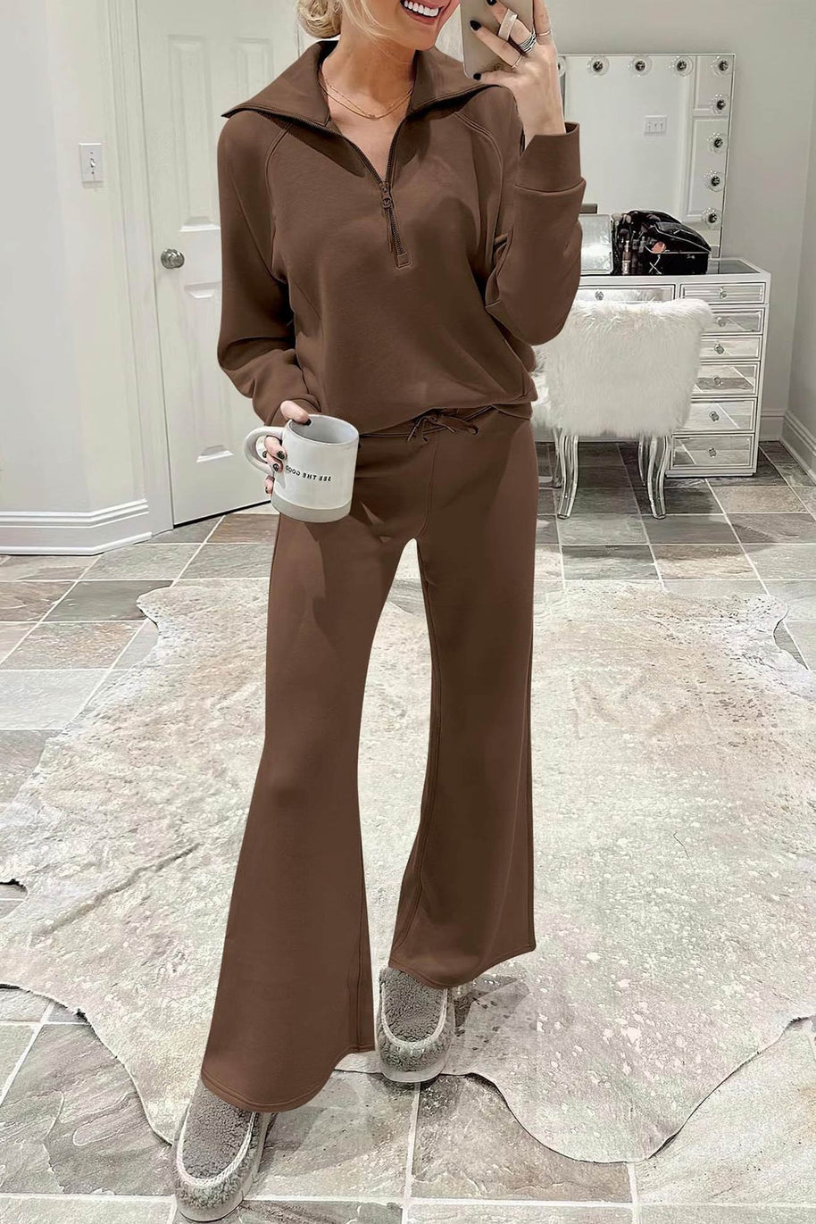 WW | Langes Hosen-Set mit weitem Bein und Revers-Reißverschluss-Sweatshirt