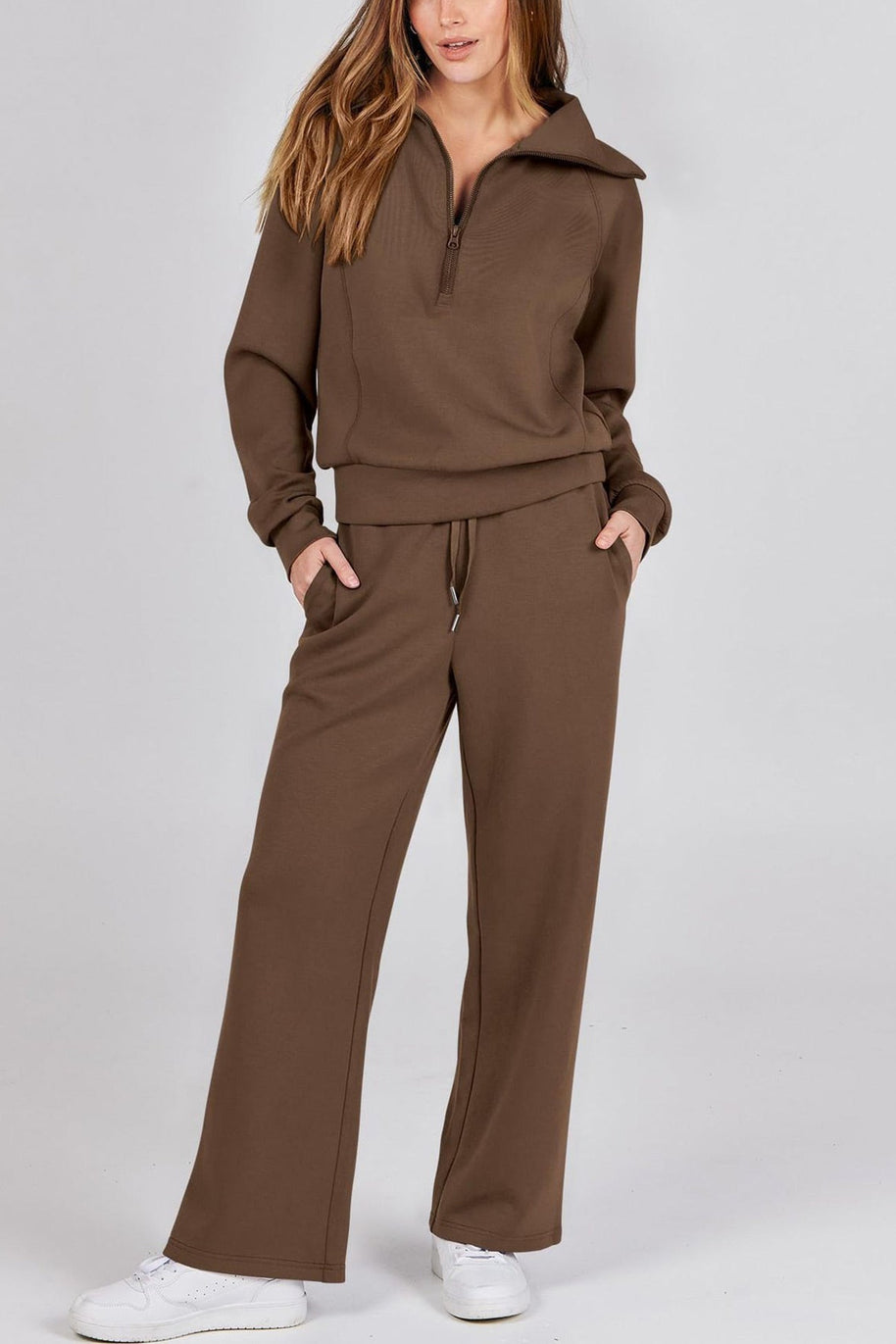WW | Langes Hosen-Set mit weitem Bein und Revers-Reißverschluss-Sweatshirt