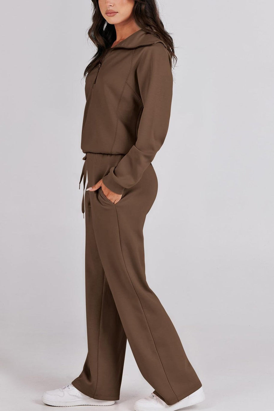 WW | Langes Hosen-Set mit weitem Bein und Revers-Reißverschluss-Sweatshirt