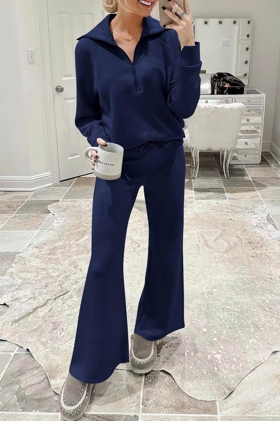WW | Langes Hosen-Set mit weitem Bein und Revers-Reißverschluss-Sweatshirt