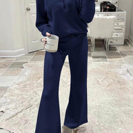 WW | Langes Hosen-Set mit weitem Bein und Revers-Reißverschluss-Sweatshirt