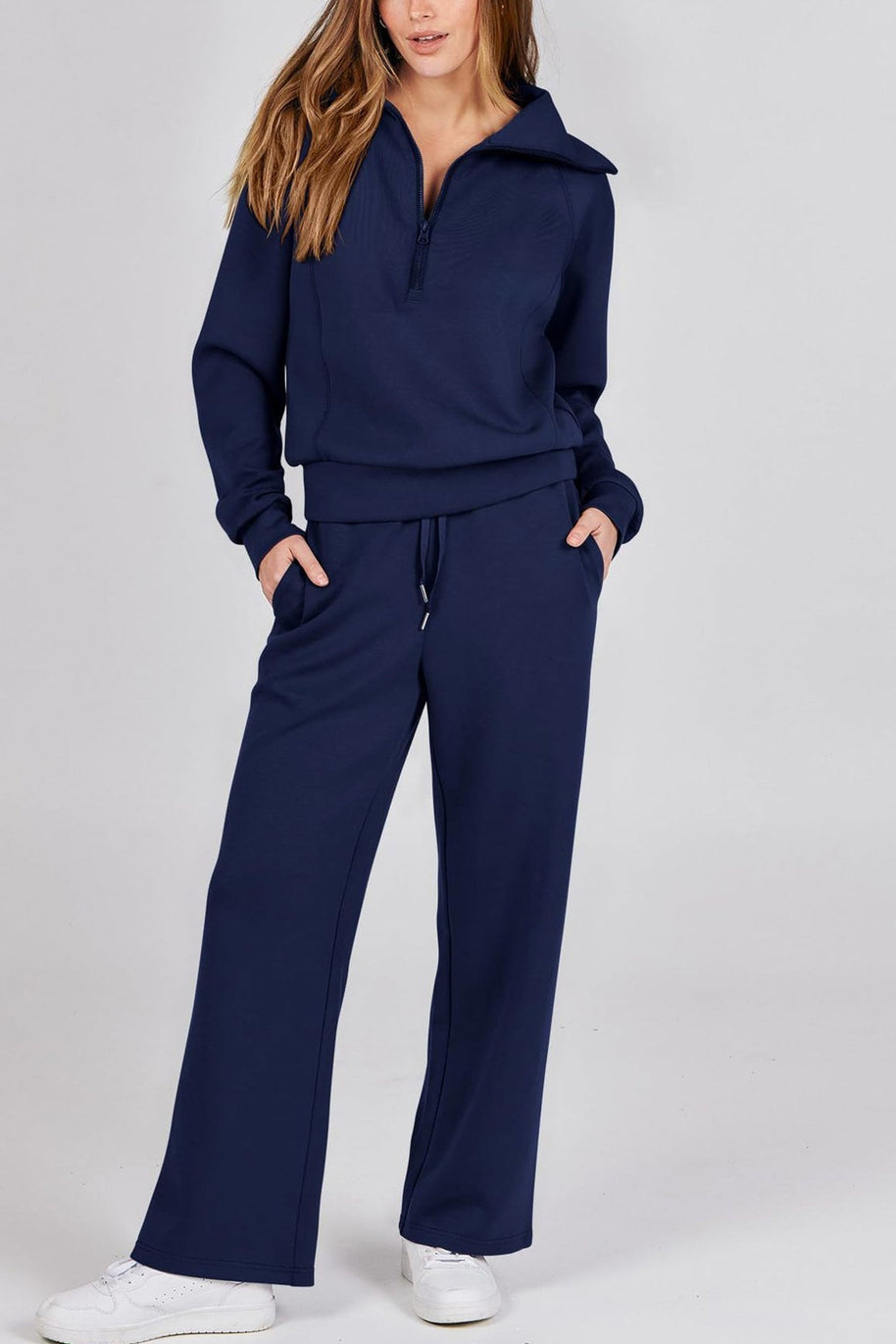 WW | Langes Hosen-Set mit weitem Bein und Revers-Reißverschluss-Sweatshirt