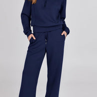 WW | Langes Hosen-Set mit weitem Bein und Revers-Reißverschluss-Sweatshirt
