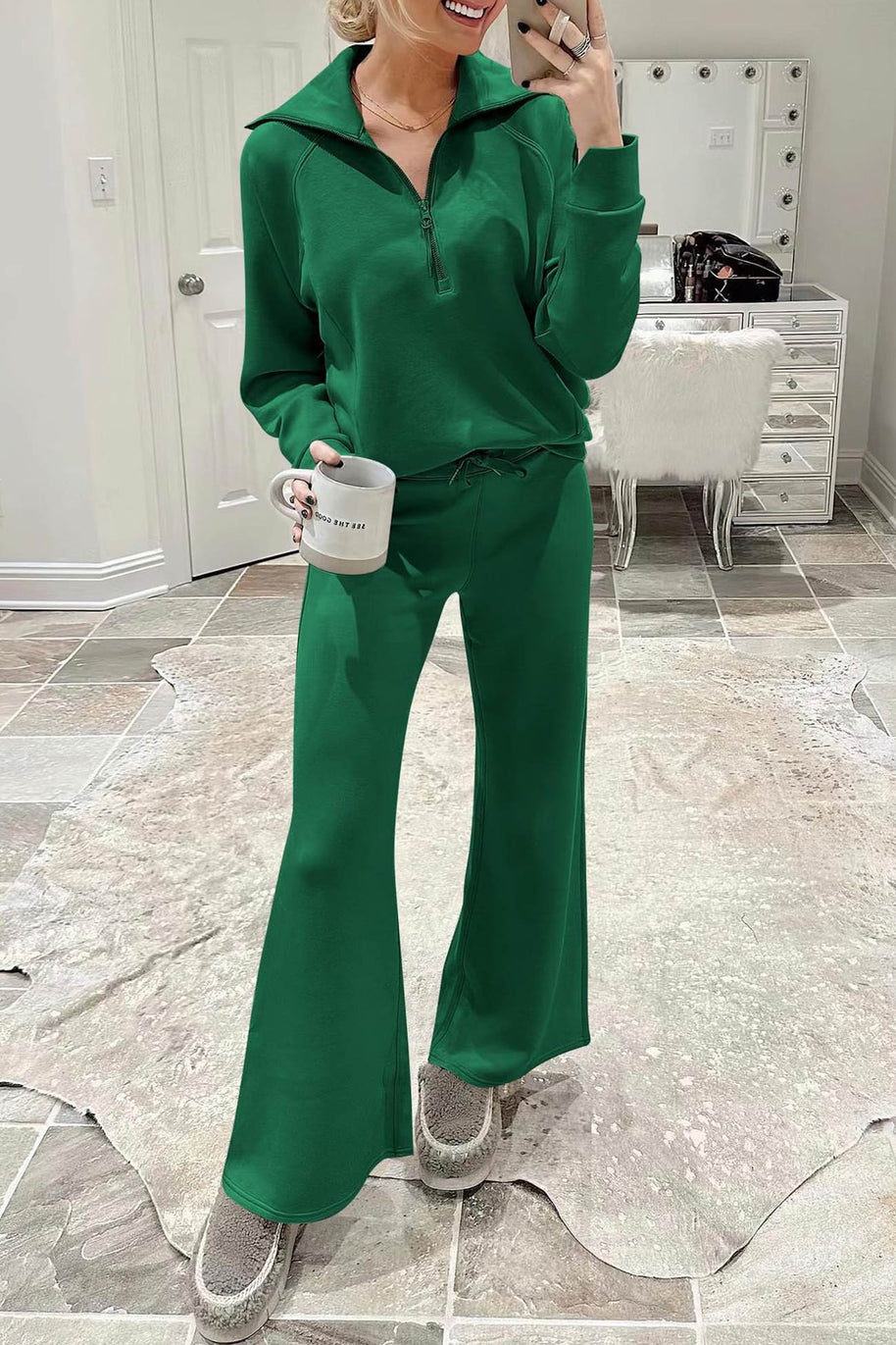 WW | Langes Hosen-Set mit weitem Bein und Revers-Reißverschluss-Sweatshirt