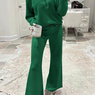 WW | Langes Hosen-Set mit weitem Bein und Revers-Reißverschluss-Sweatshirt