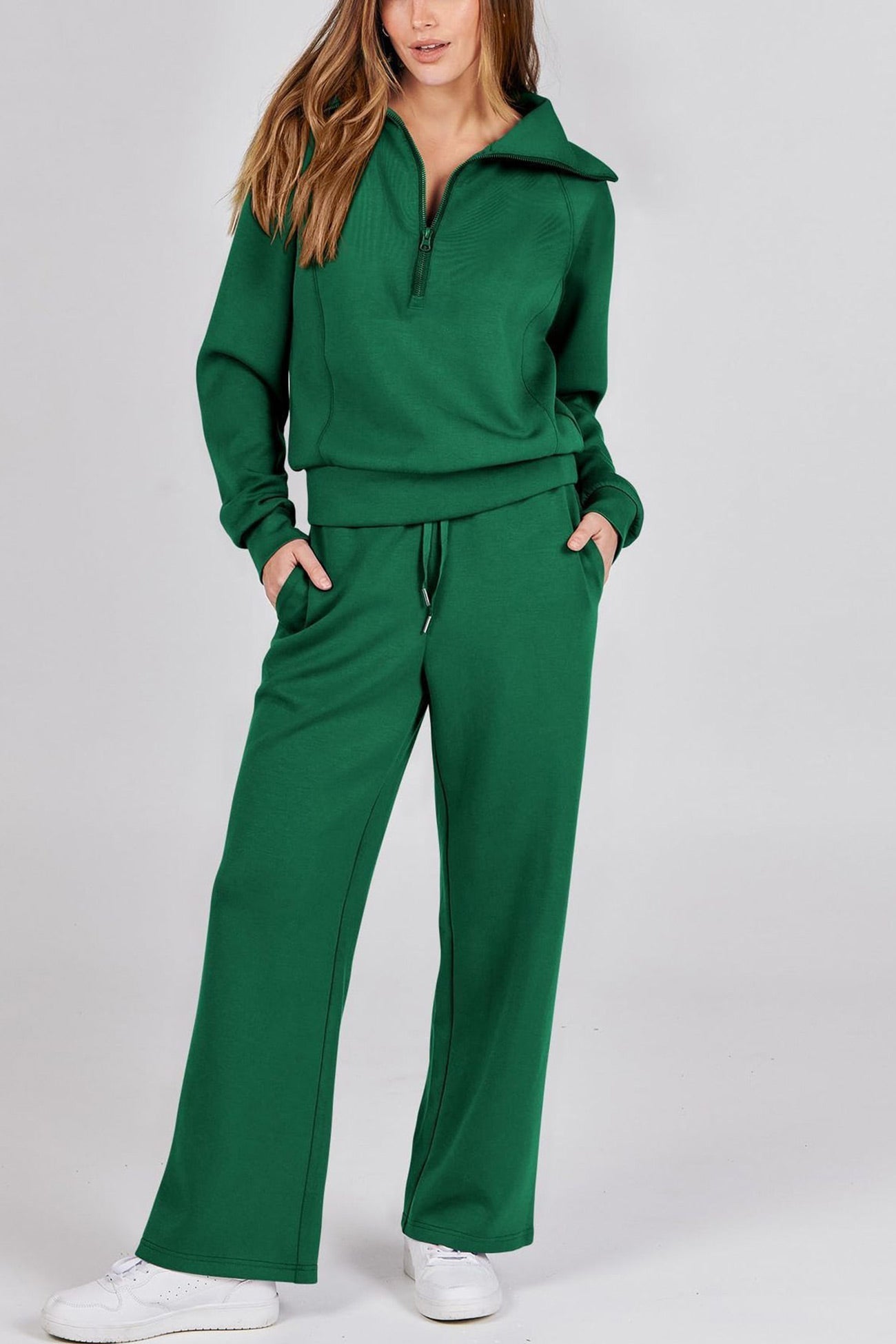 WW | Langes Hosen-Set mit weitem Bein und Revers-Reißverschluss-Sweatshirt