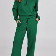 WW | Langes Hosen-Set mit weitem Bein und Revers-Reißverschluss-Sweatshirt