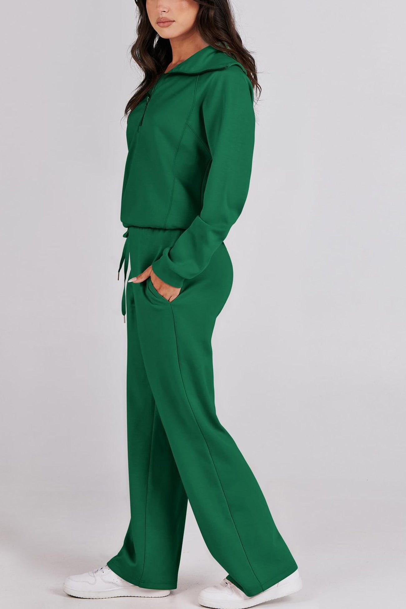 WW | Langes Hosen-Set mit weitem Bein und Revers-Reißverschluss-Sweatshirt