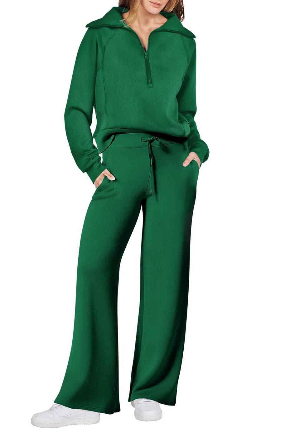 WW | Langes Hosen-Set mit weitem Bein und Revers-Reißverschluss-Sweatshirt
