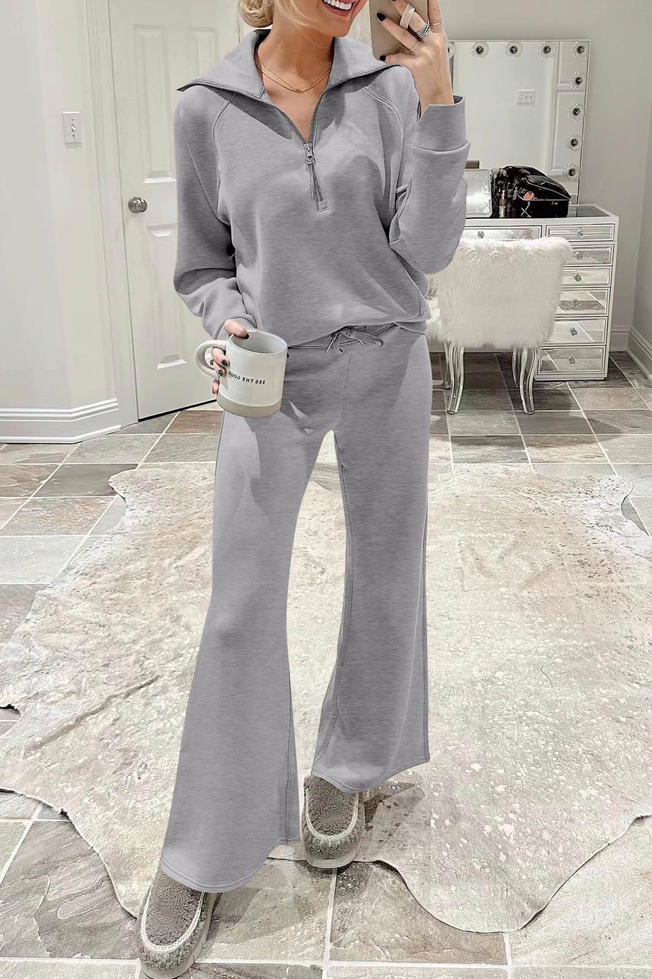 WW | Langes Hosen-Set mit weitem Bein und Revers-Reißverschluss-Sweatshirt