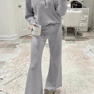 WW | Langes Hosen-Set mit weitem Bein und Revers-Reißverschluss-Sweatshirt