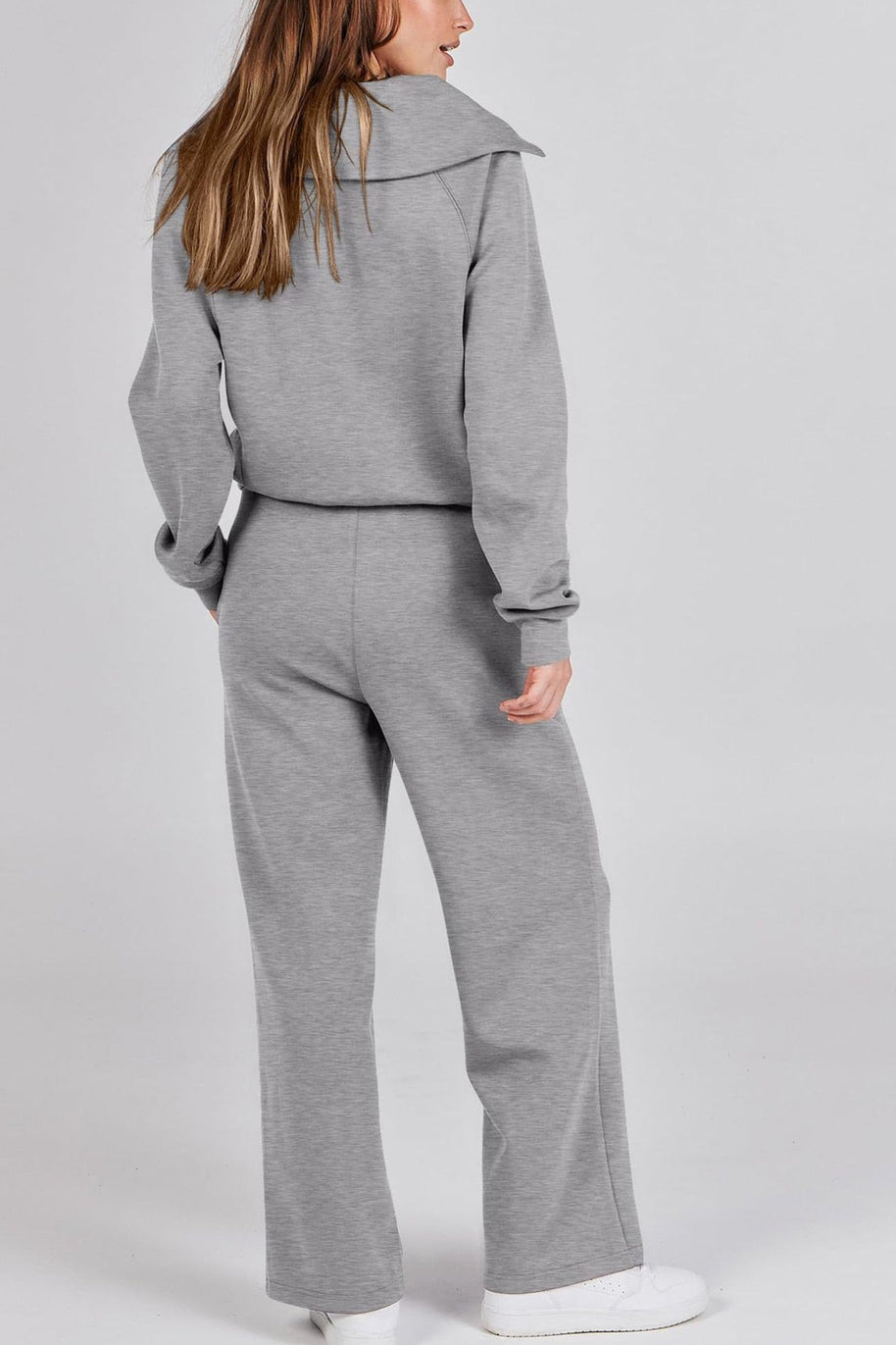 WW | Langes Hosen-Set mit weitem Bein und Revers-Reißverschluss-Sweatshirt