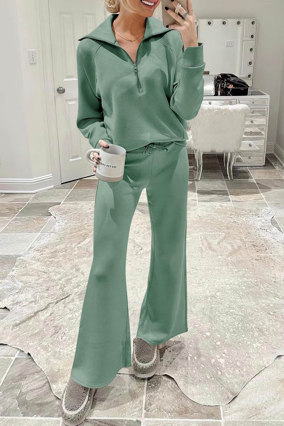 WW | Langes Hosen-Set mit weitem Bein und Revers-Reißverschluss-Sweatshirt