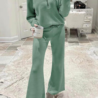 WW | Langes Hosen-Set mit weitem Bein und Revers-Reißverschluss-Sweatshirt