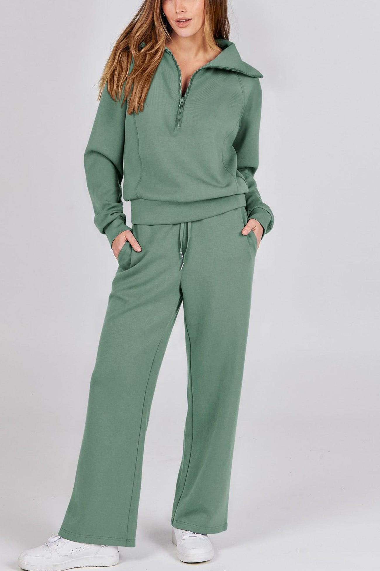 WW | Langes Hosen-Set mit weitem Bein und Revers-Reißverschluss-Sweatshirt
