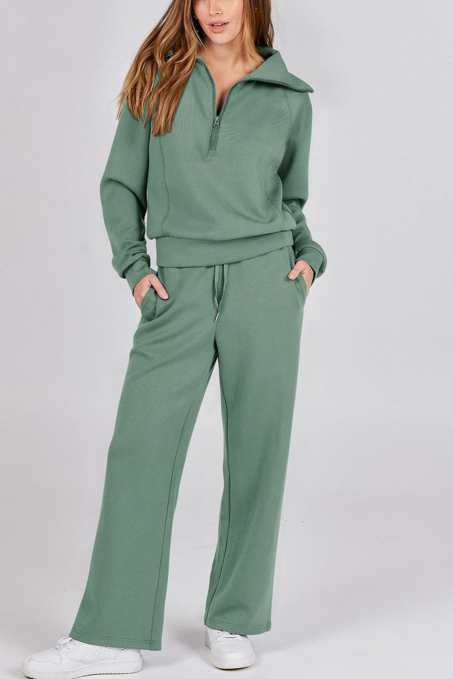 WW | Langes Hosen-Set mit weitem Bein und Revers-Reißverschluss-Sweatshirt