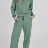 WW | Langes Hosen-Set mit weitem Bein und Revers-Reißverschluss-Sweatshirt