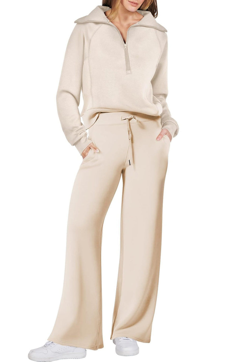 WW | Langes Hosen-Set mit weitem Bein und Revers-Reißverschluss-Sweatshirt