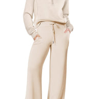 WW | Langes Hosen-Set mit weitem Bein und Revers-Reißverschluss-Sweatshirt
