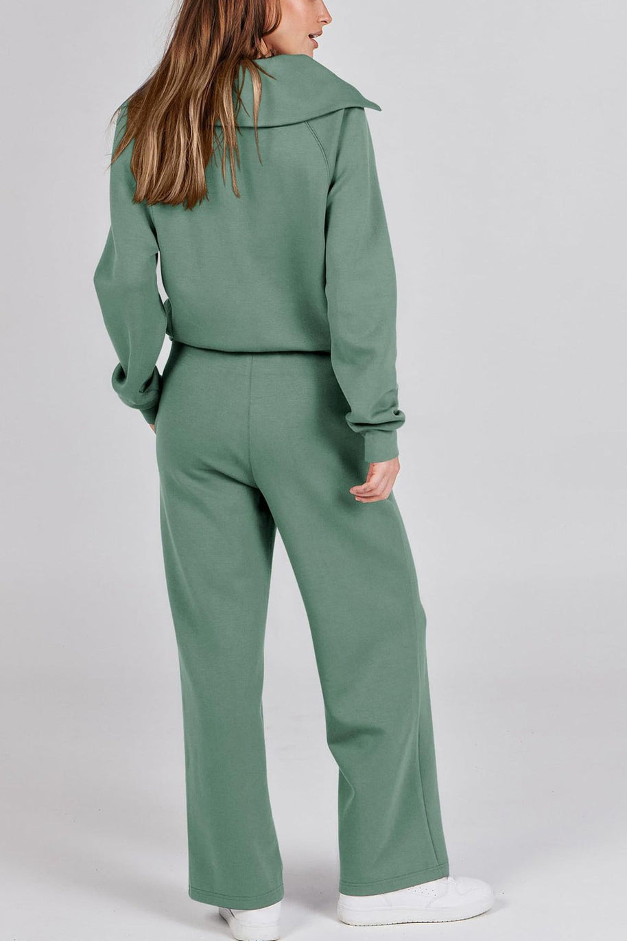 WW | Langes Hosen-Set mit weitem Bein und Revers-Reißverschluss-Sweatshirt