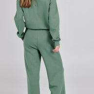 WW | Langes Hosen-Set mit weitem Bein und Revers-Reißverschluss-Sweatshirt