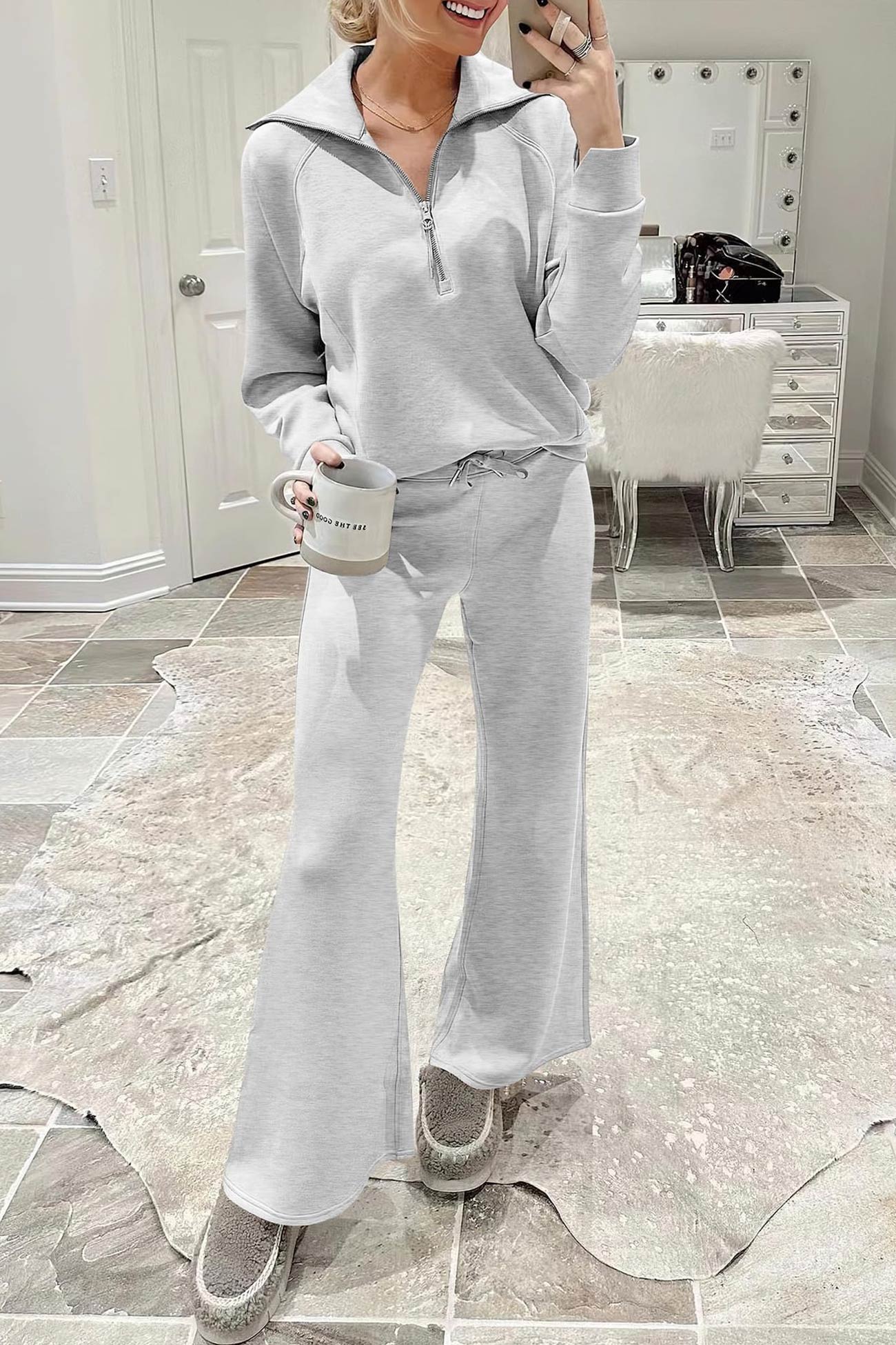 WW | Langes Hosen-Set mit weitem Bein und Revers-Reißverschluss-Sweatshirt