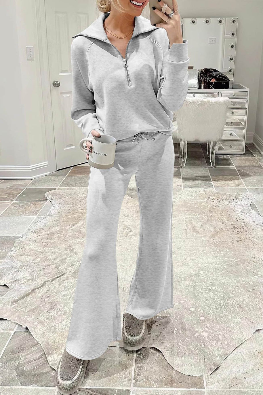 WW | Langes Hosen-Set mit weitem Bein und Revers-Reißverschluss-Sweatshirt