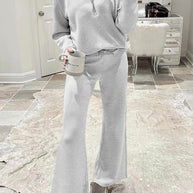 WW | Langes Hosen-Set mit weitem Bein und Revers-Reißverschluss-Sweatshirt
