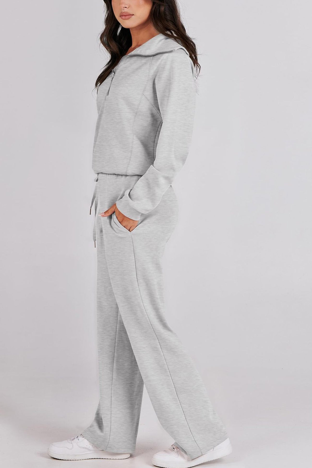 WW | Langes Hosen-Set mit weitem Bein und Revers-Reißverschluss-Sweatshirt