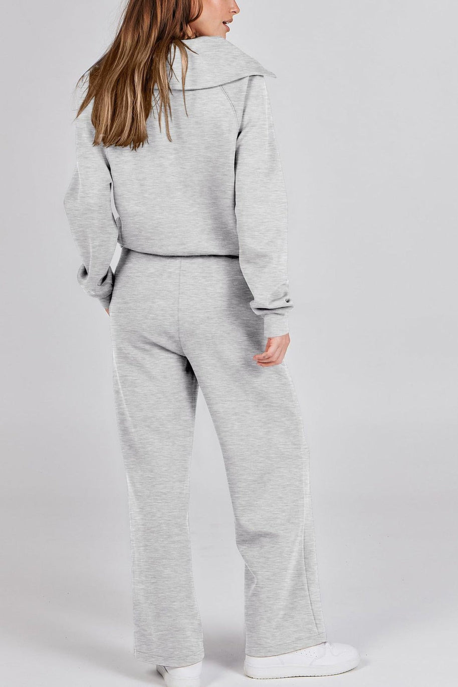 WW | Langes Hosen-Set mit weitem Bein und Revers-Reißverschluss-Sweatshirt