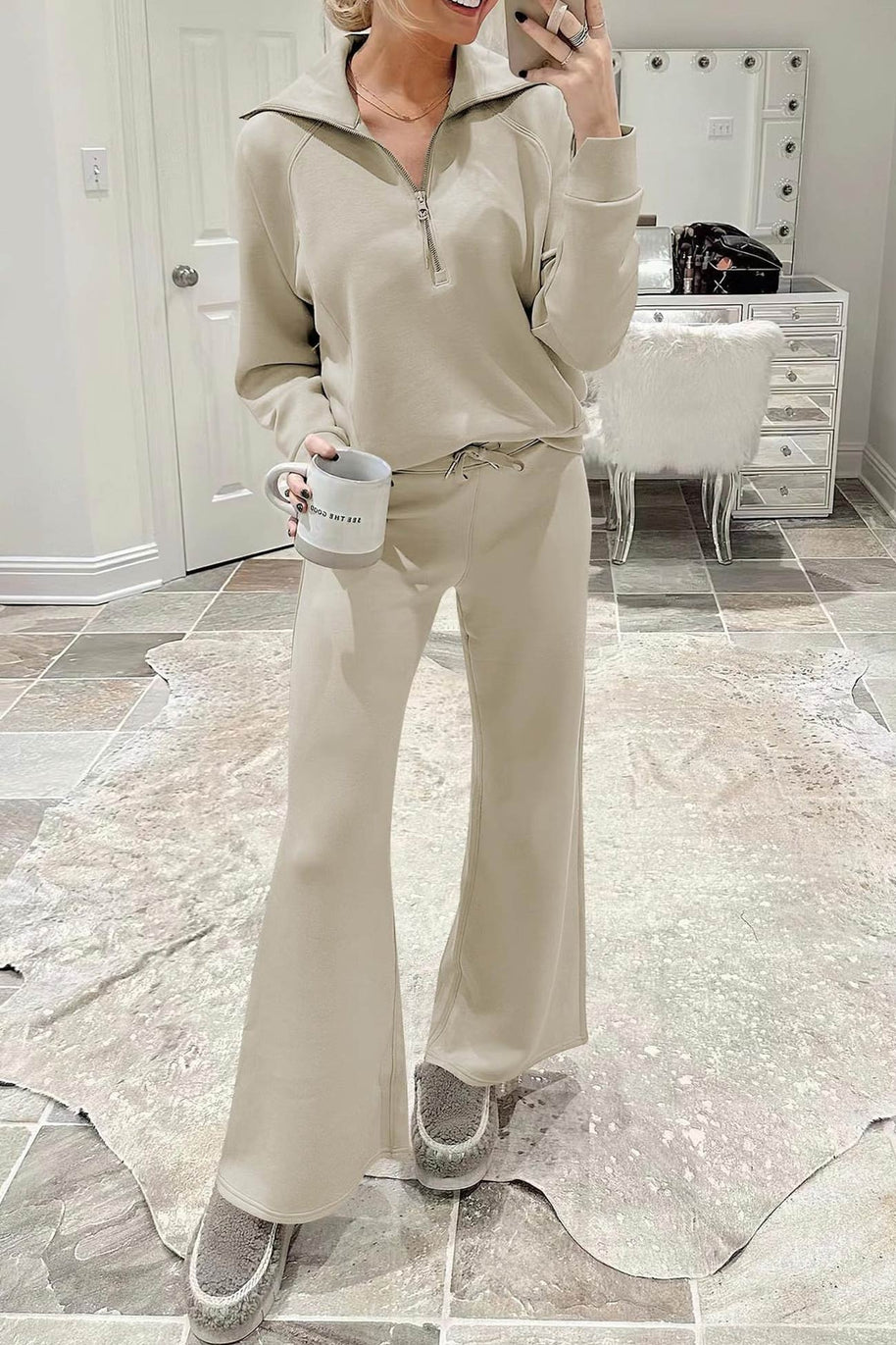 WW | Langes Hosen-Set mit weitem Bein und Revers-Reißverschluss-Sweatshirt
