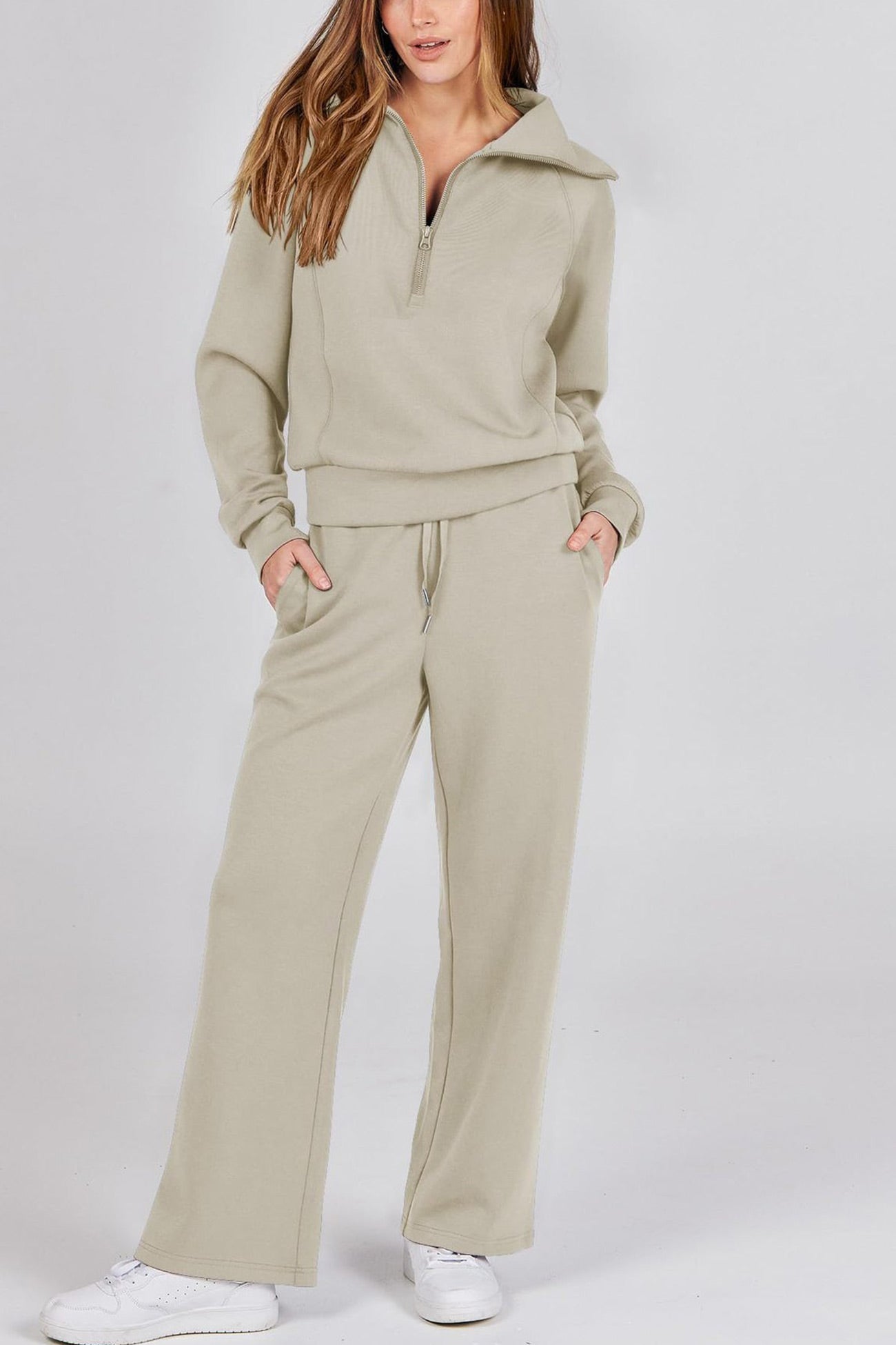 WW | Langes Hosen-Set mit weitem Bein und Revers-Reißverschluss-Sweatshirt
