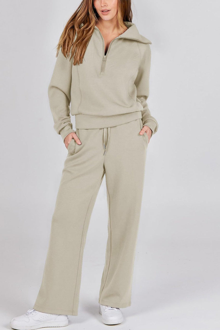 WW | Langes Hosen-Set mit weitem Bein und Revers-Reißverschluss-Sweatshirt