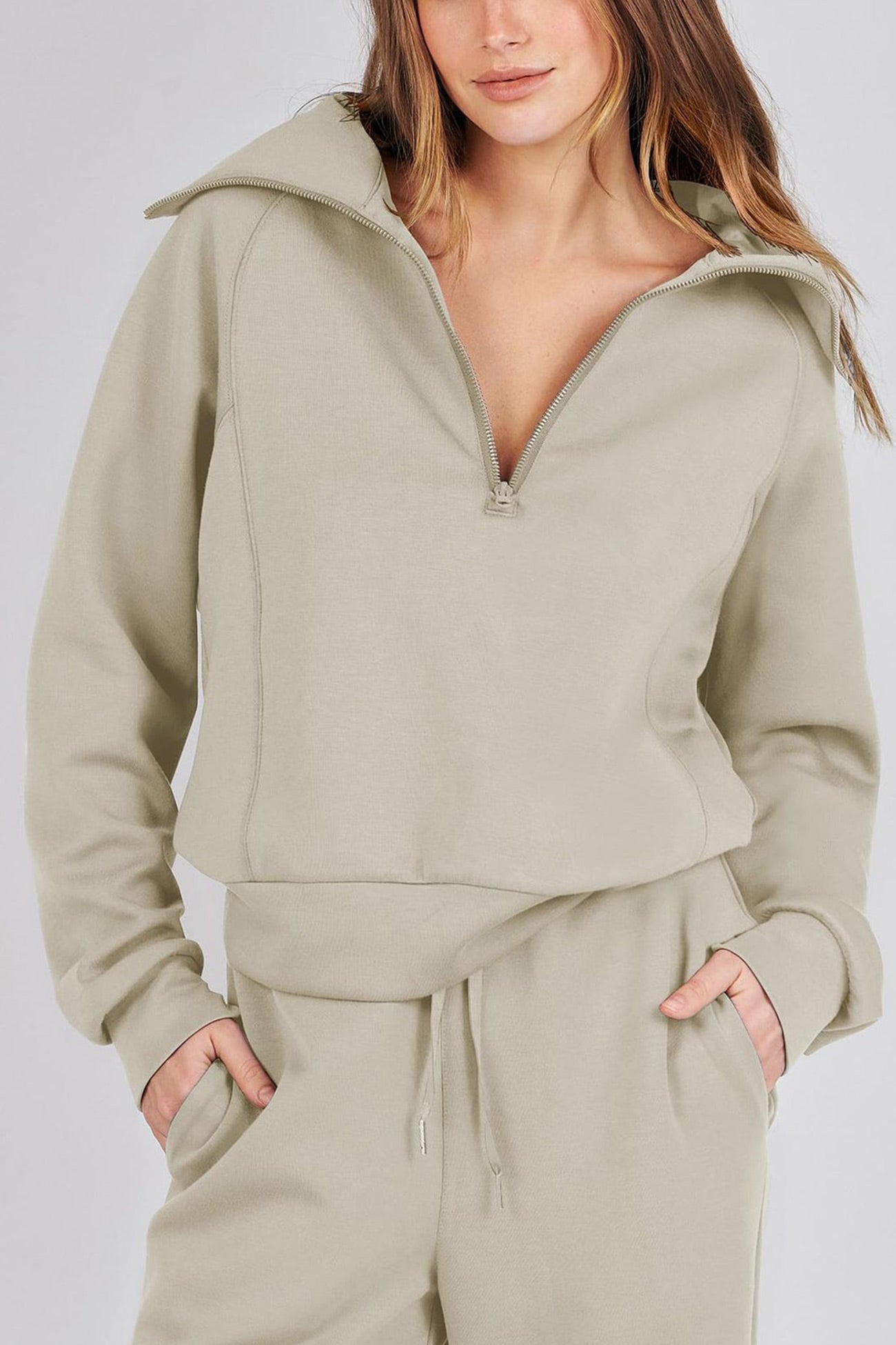 WW | Langes Hosen-Set mit weitem Bein und Revers-Reißverschluss-Sweatshirt