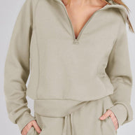 WW | Langes Hosen-Set mit weitem Bein und Revers-Reißverschluss-Sweatshirt