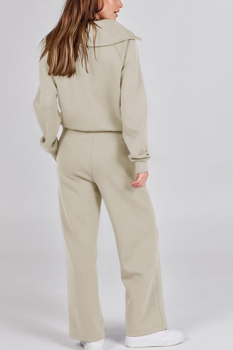 WW | Langes Hosen-Set mit weitem Bein und Revers-Reißverschluss-Sweatshirt