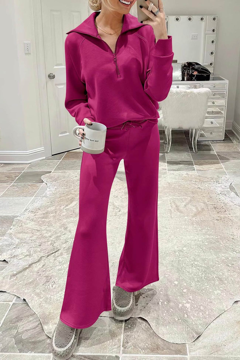 WW | Langes Hosen-Set mit weitem Bein und Revers-Reißverschluss-Sweatshirt