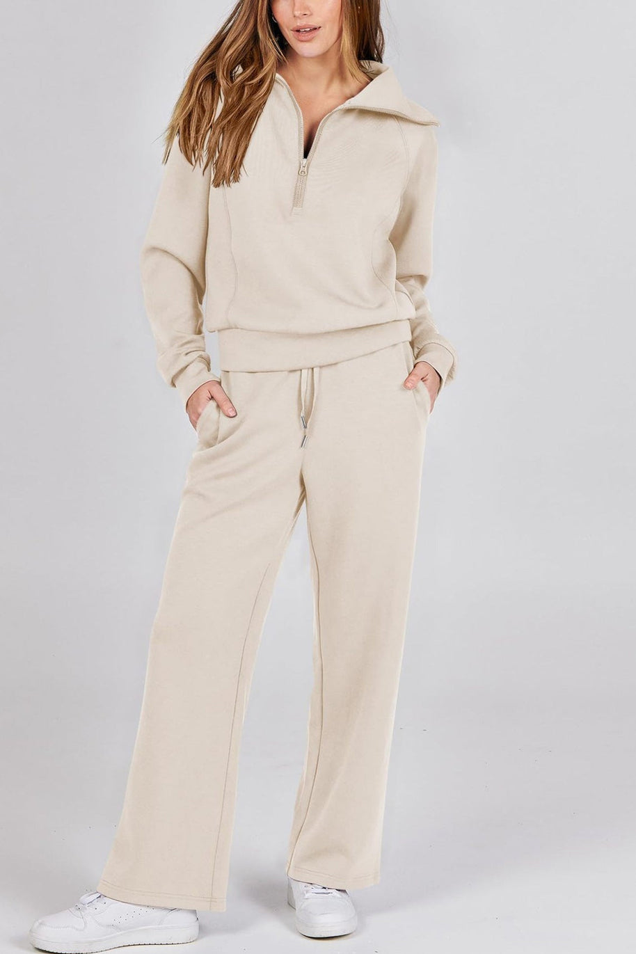 WW | Langes Hosen-Set mit weitem Bein und Revers-Reißverschluss-Sweatshirt
