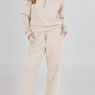 WW | Langes Hosen-Set mit weitem Bein und Revers-Reißverschluss-Sweatshirt