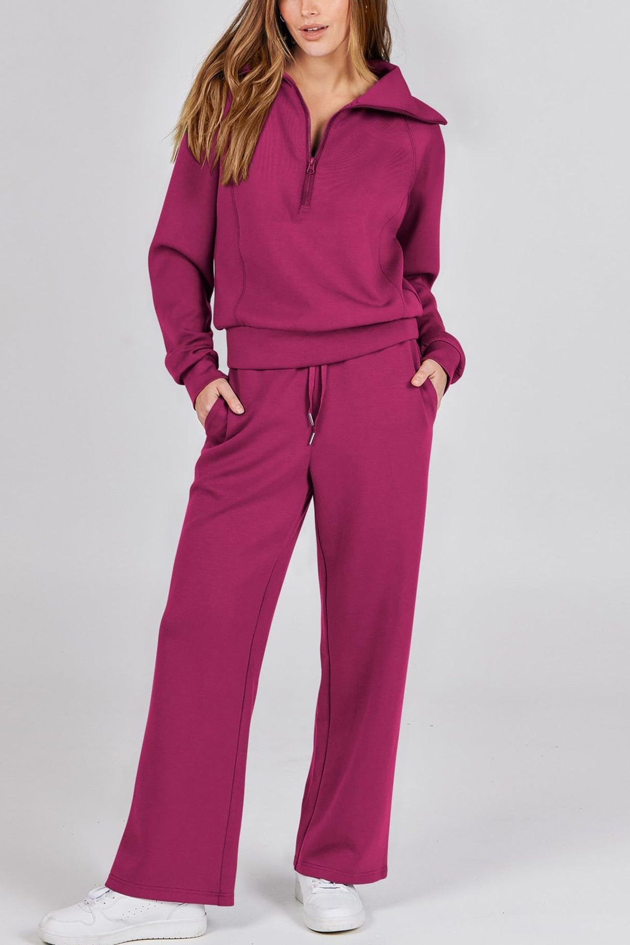 WW | Langes Hosen-Set mit weitem Bein und Revers-Reißverschluss-Sweatshirt