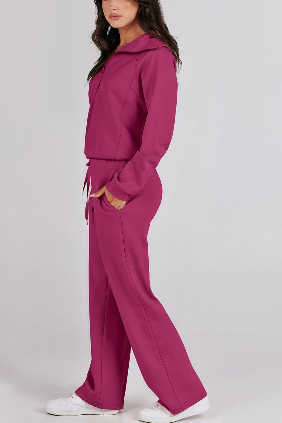 WW | Langes Hosen-Set mit weitem Bein und Revers-Reißverschluss-Sweatshirt