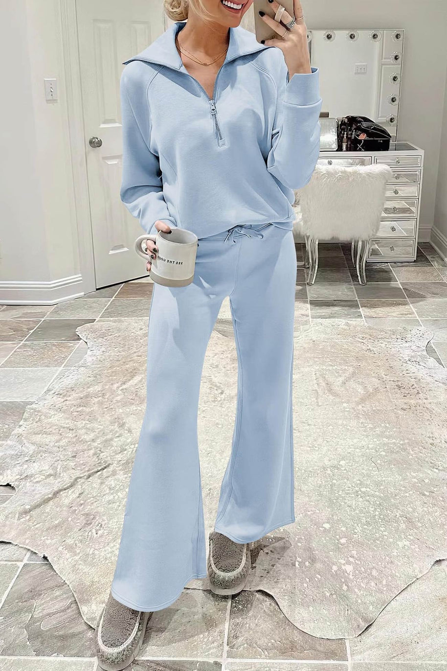 WW | Langes Hosen-Set mit weitem Bein und Revers-Reißverschluss-Sweatshirt