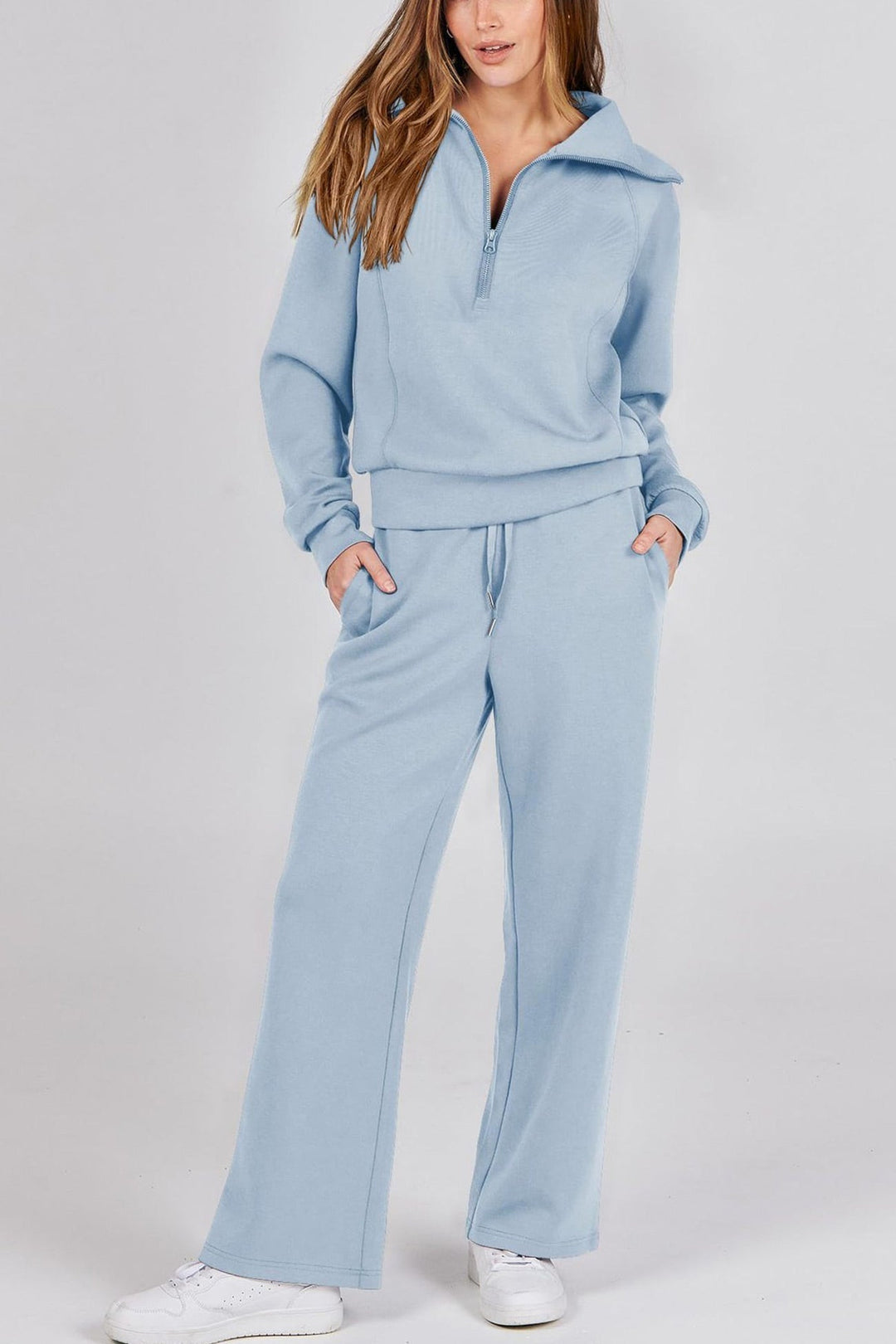 W&W Mode | Langes Hosen-Set mit weitem Bein und Revers-Reißverschluss-Sweatshirt