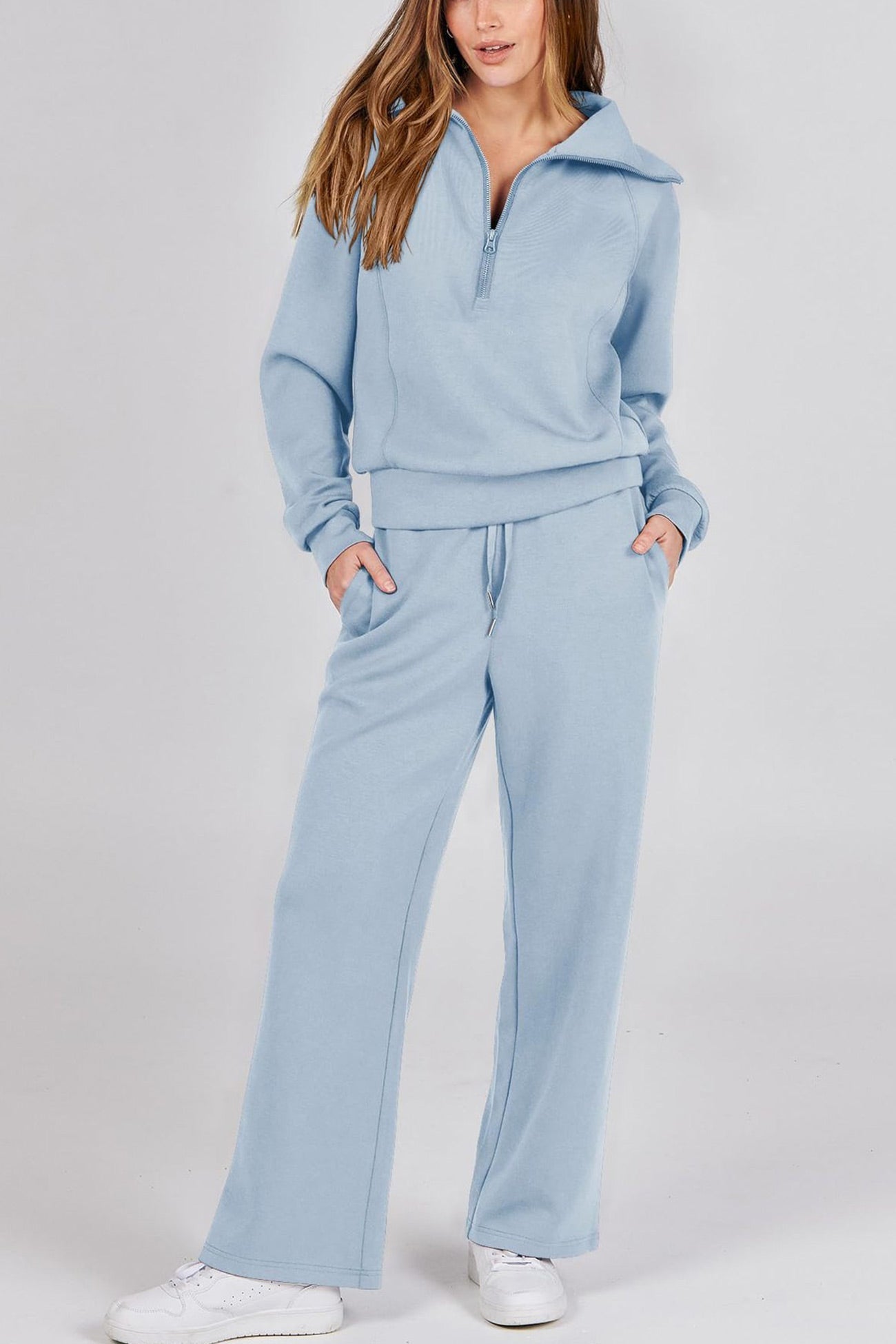 WW | Langes Hosen-Set mit weitem Bein und Revers-Reißverschluss-Sweatshirt
